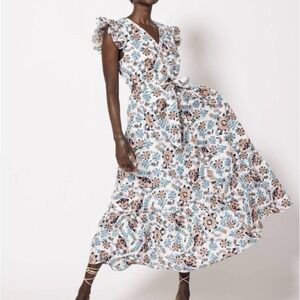 CLEOBELLA Noricel Tie Belt Organic Cotton Maxi Shirtdress Ruffle Sleeve Button